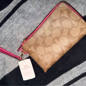 Coach Signature Tan and Pink Wristlet